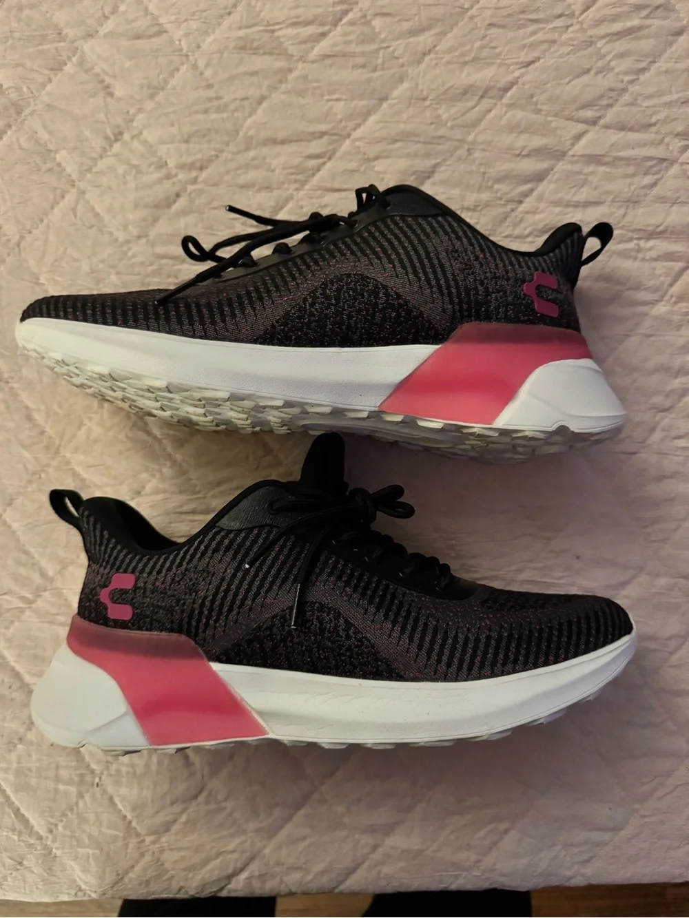 Women's Black and Pink Knit Athletic Sneakers with Cushioned Support